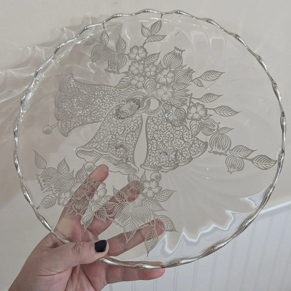 Vintage Glass Cake Stand Silver Overlay Wedding Bells Floral Ruffled 11.5in